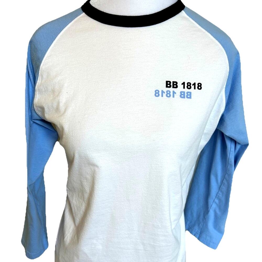 Brooks Brothers Baseball Style Shirt Large Ringer Tee 1818 Logo Retro White Blue
